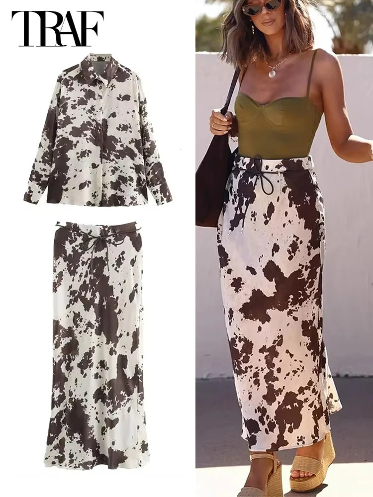 Traf Print Satin Long Womens High Waist Midi Leather Spring Belt Cylinder Retro Set 250410