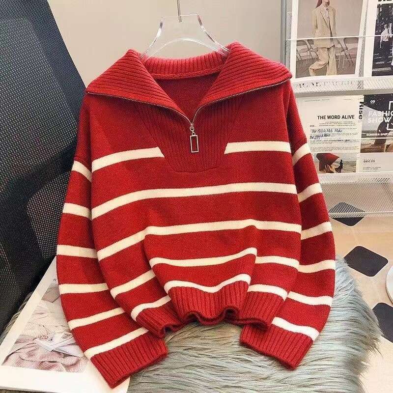 Color Block Striped Sweater Spring Autumn Top 2025 New Loose Lazy Korean Style Pullover Urban Half-Zip Knitwear