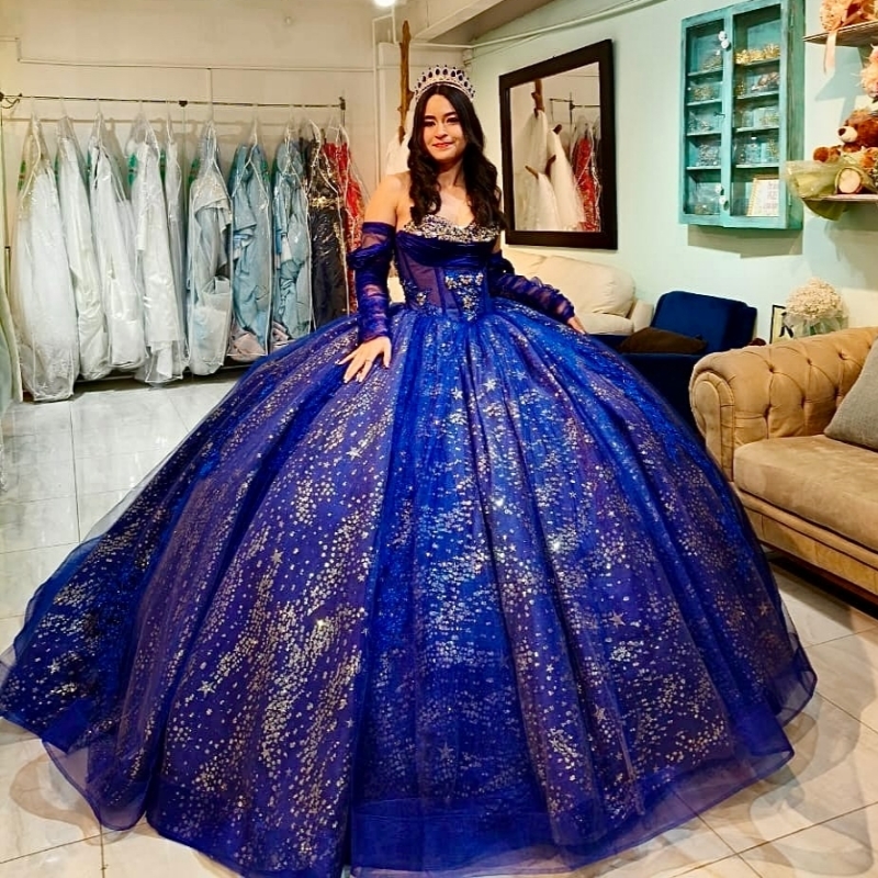 Navy Blue Quinceanera Dresses Ball Gown Off The Shoulder Applique Lace Beading Crystal Corset Tull Party Birthday Sweet 16 Dress Vestidos 15 Anos