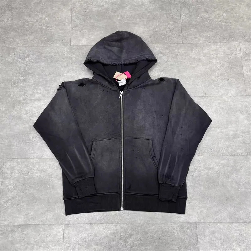 Black Washed SAINT Mxxxxxx Zipper Jackets Men Women Destroy Hole Oversized Vintage Hoodies 251107