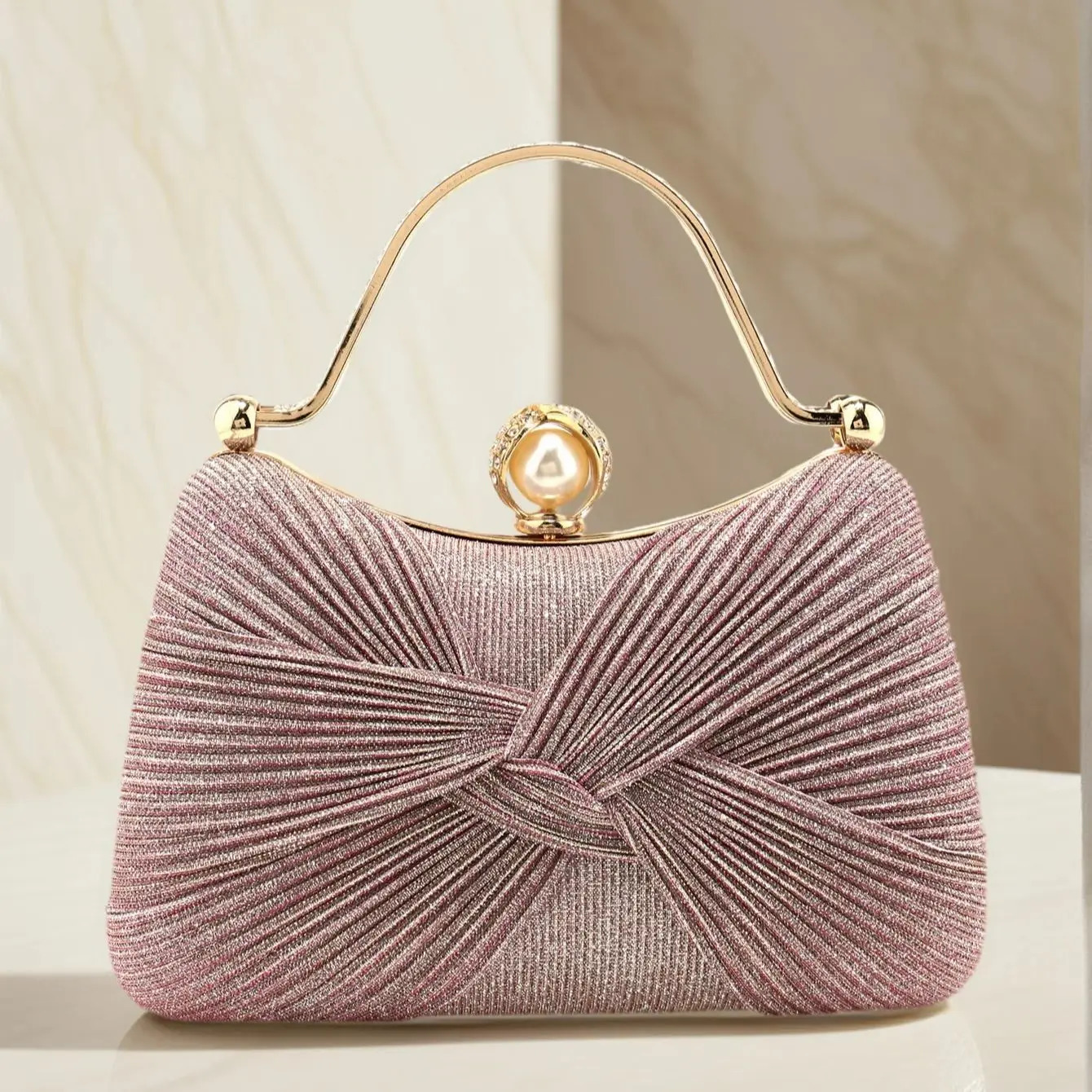 Bow Ruched Fashion Women Evening Bags Pink Color Sequined Glitter Metal Pearl Handbags Banquet Lady Wedding Bridal Purse 251107