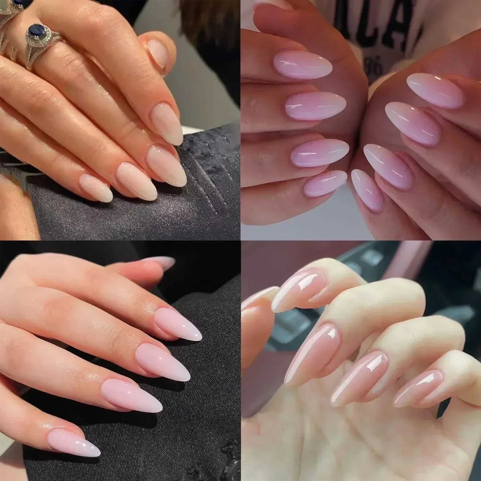 24Pcs silver gradient almond fake nails simple with French design wearable fake nails nail tip full cover press W250410