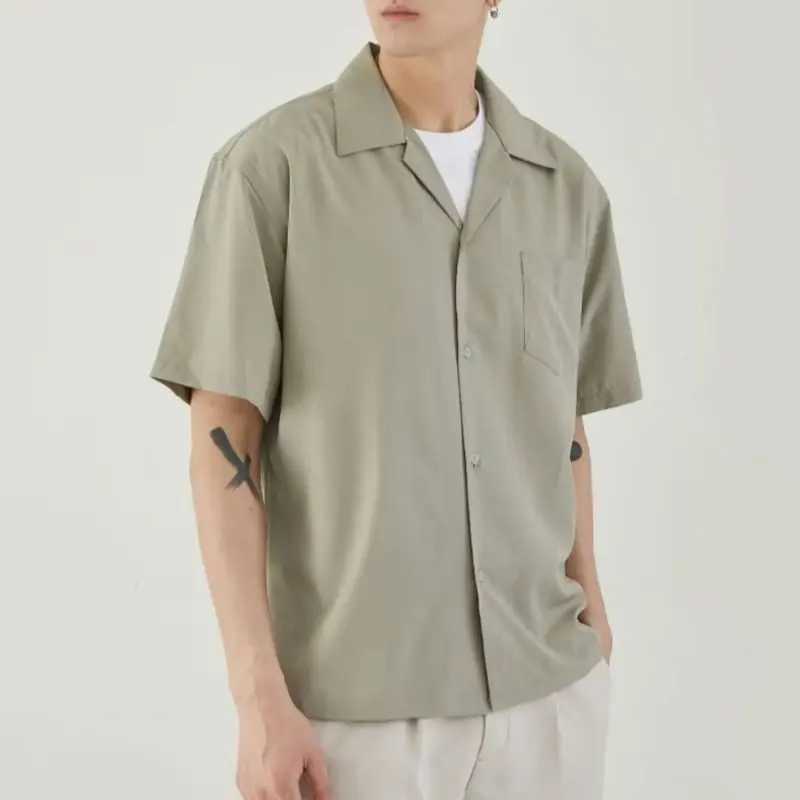 Fashionable mens summer chiffon Cuban short sleeved loose Hong Kong style Japanese casual solid color X250410