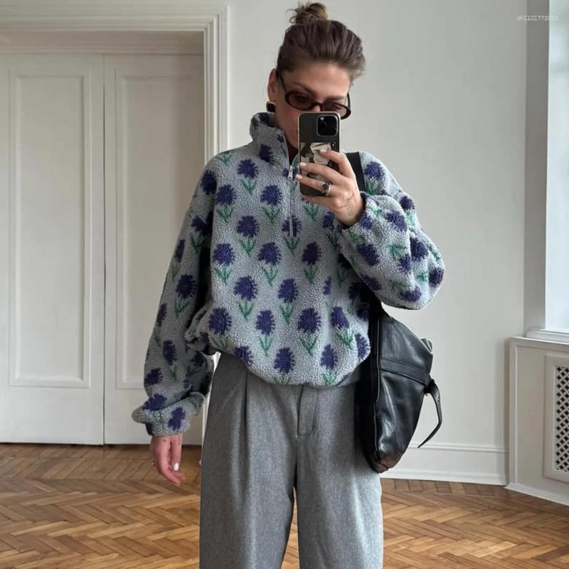 Women's Hoodies Ticketsx Women Printed Lamb Fur Vintage Fashion Floral Contrast Loose Pullover Fall Winter Casual Street Office
