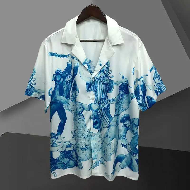 Abstract Art Portrait Pattern Print Shirt Short Sleeve Casual Mens Street Clothing Summer Camisa Masculina Shirt Moda Hombre X250410