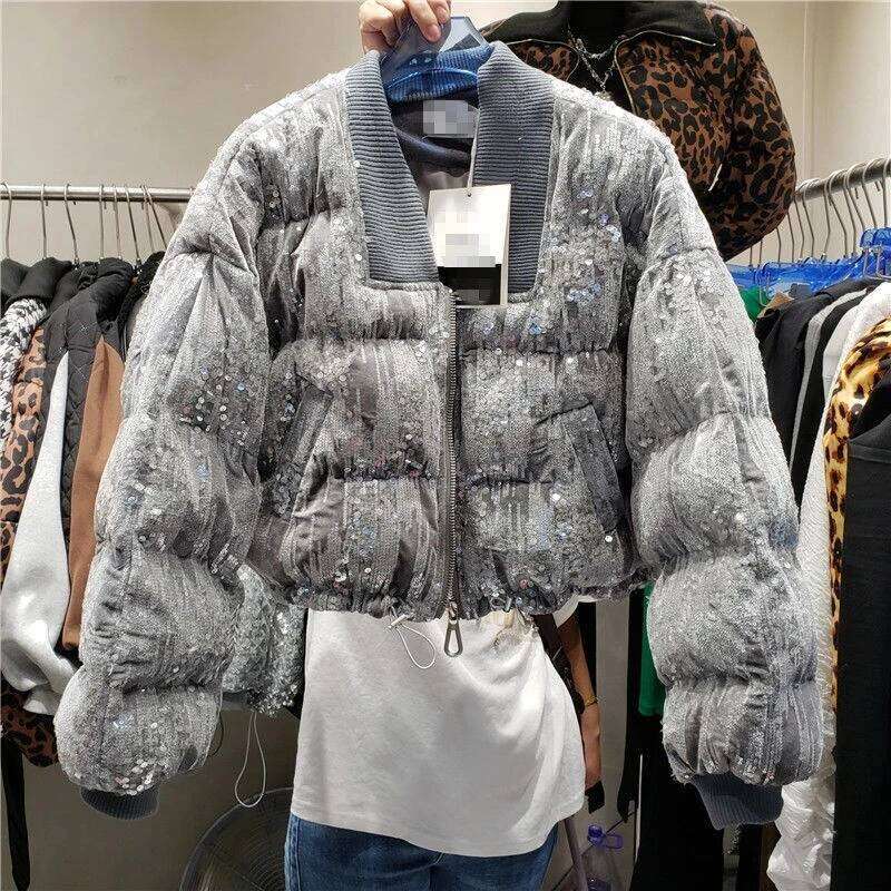 Sequins Women Parkas Fashion Zipper Loose Puffer Jacket Thick Warm Overcoat Winter Cotton Coat