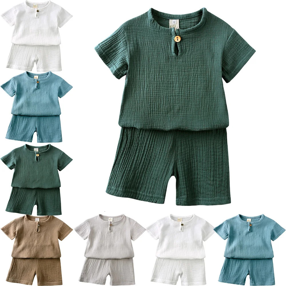 selling childrens clothing set 2-piece linen cotton baby boy and girl clothing born topshorts childrens set 250409