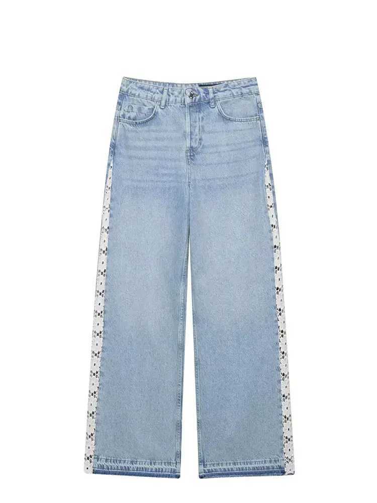 Womens Jean Lace Hollow Out Patchwork High Waist Denim Trouser Ladies Office Commute Streetwear Woman Wide Leg Long Pant C251110