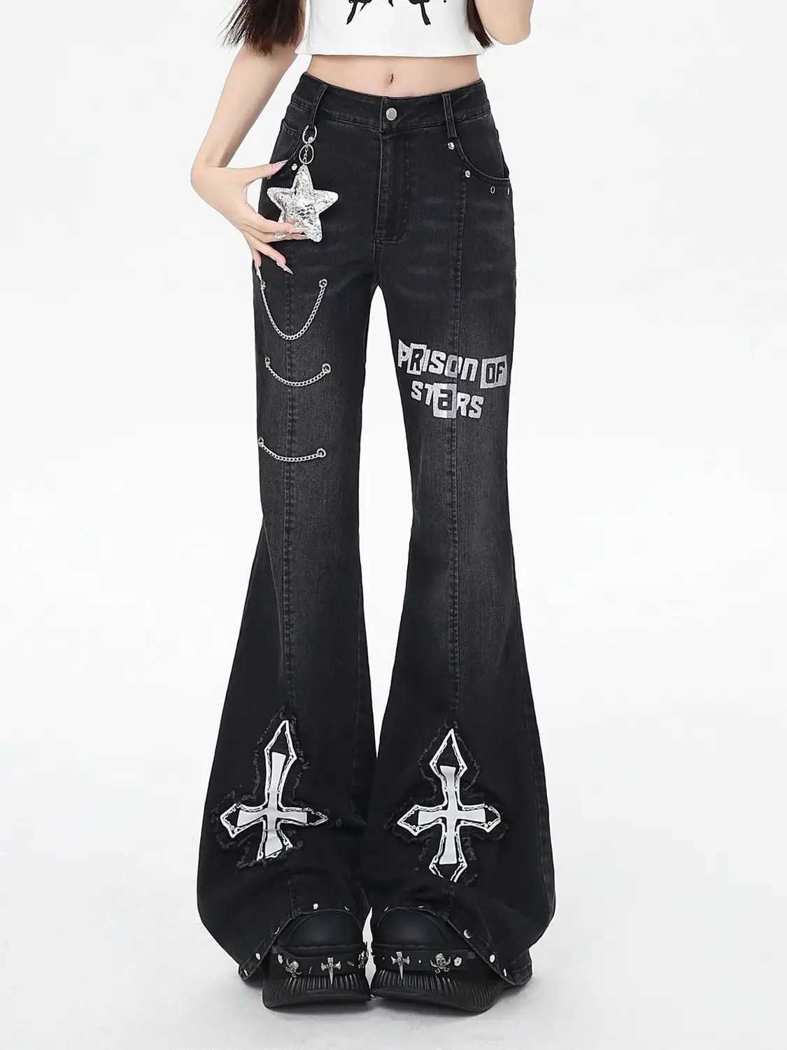 American Women Jeans Y2k Aesthetic Chain Autumn Vintage Slim Harajuku Letter Flare Long Trouser Cross Denim Pants Female Jogger C251110