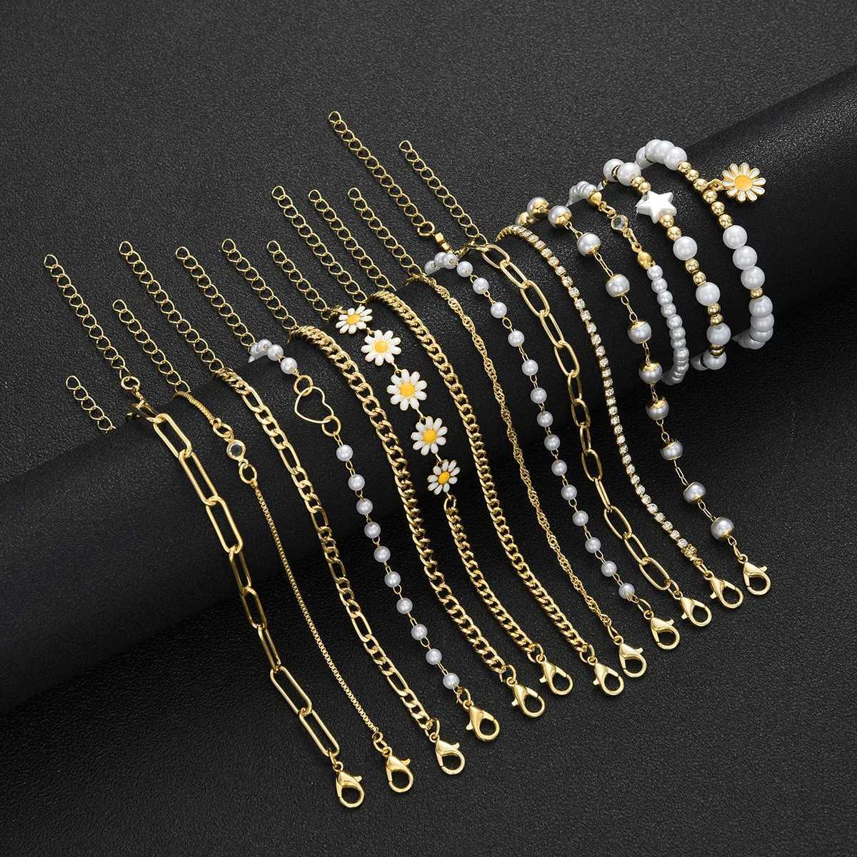 15pcs Bohemian Daisy Flower Star Bead Faux Pearl Layered Bracelets Set For Women Gold Color Summer Beach Daily Wear Jewelry GiftT251110