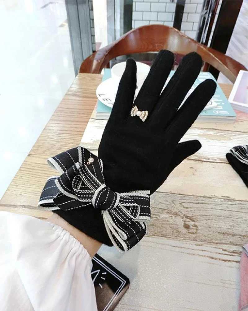 Cashmere Winter Gloves Bowknot Camellia Cashmere Womens Gloves Fashion Korean Style Warm Touch Screen Gloves A386 L251110