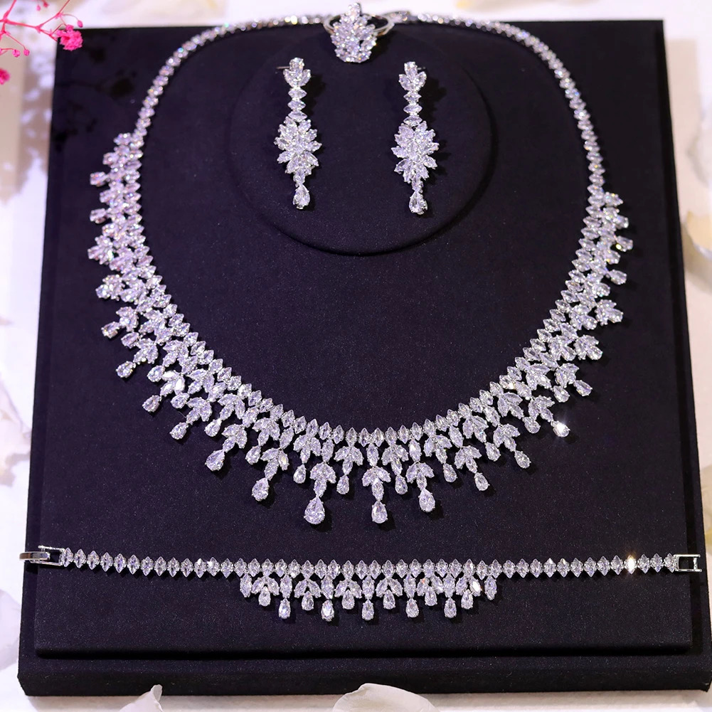 ZY UNIQUE Dubai Jewelry Sets Leaf Bridal Necklace Earring Set 5A Cubic Zirconia Femme Ladies Wedding Accessories 250409
