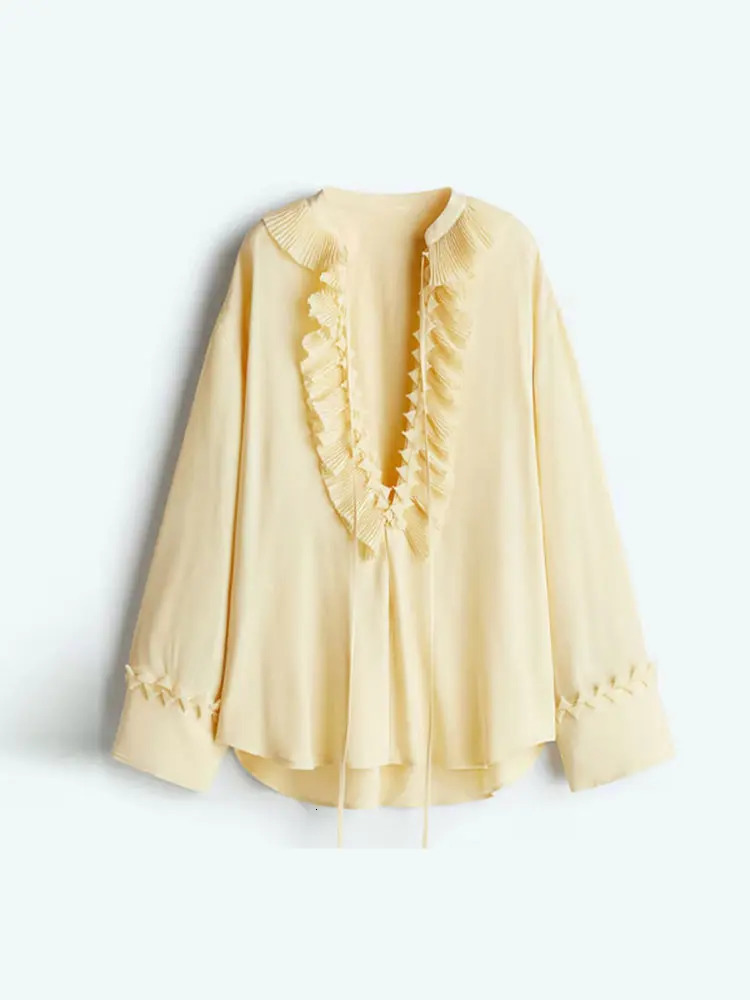 Spring Yellow Long Skirt Suit Women 2 Pieces V-neck Lace Up Ruffles Shirts Pleated Skirt 2025 Elegant Lady Vacation Beach Outfit 250409