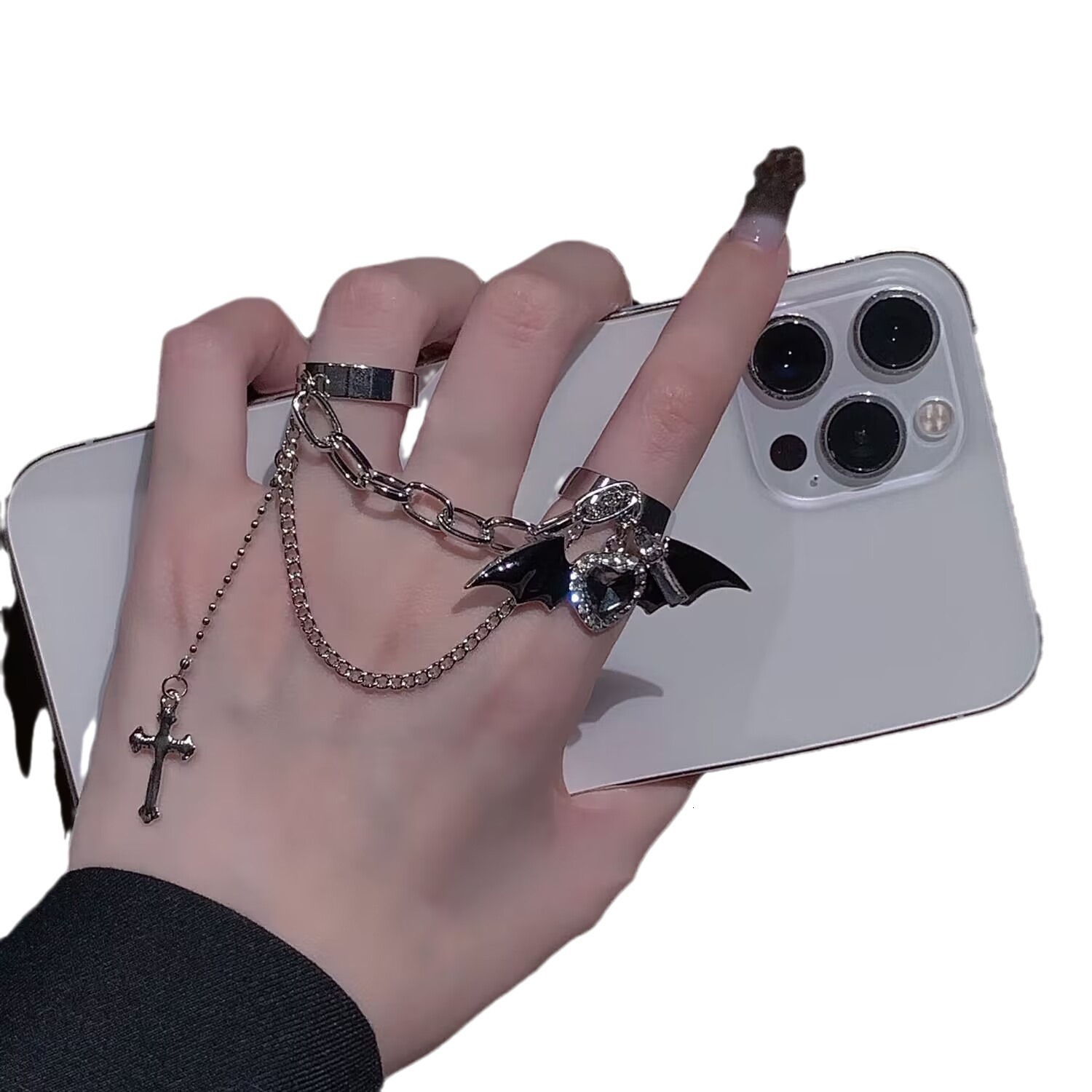 Harajuku Style Black Cross Ring Sweet Cool Designer Ring Spicy Girl Subculture Dark Gothic Niche Tassel Fashion Ring Double Ring