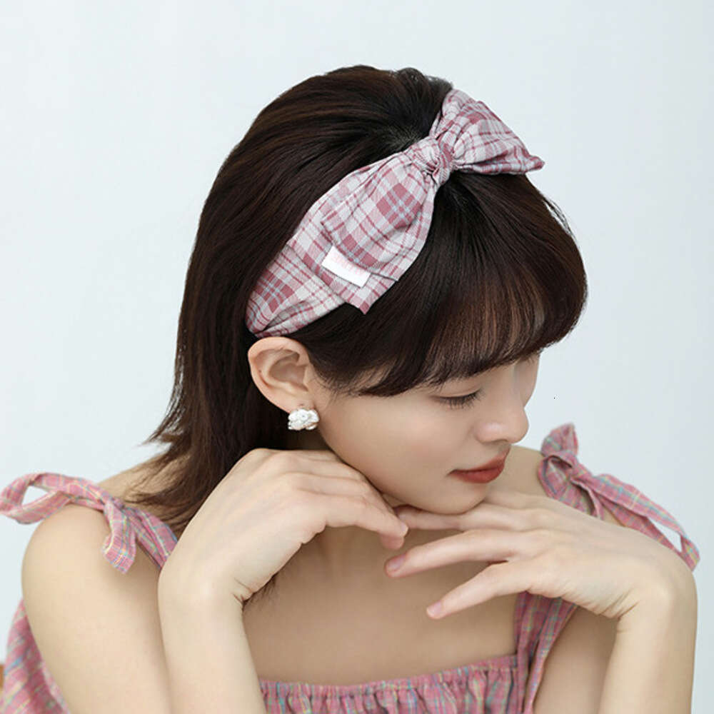 ins Korean Version Gentle Pink Plaid Bow Hairband for Women Fashion Simple Versatile Elegant Face Washing Headband Hair Accessory