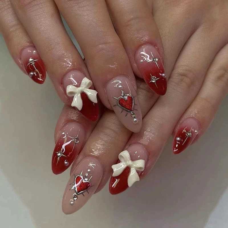 Design wearable fake nails simple manual pressing of nail tips art 24 pieces pink almond fake nails French butterfly ballet W250410