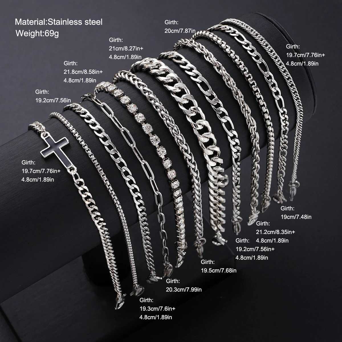 Simple Stylish Punk Hip-Hop Stainless Steel Cross Rhinestones Chain Bracelet Set for Men Women Vacation Date Casual Jewelry GiftT251110