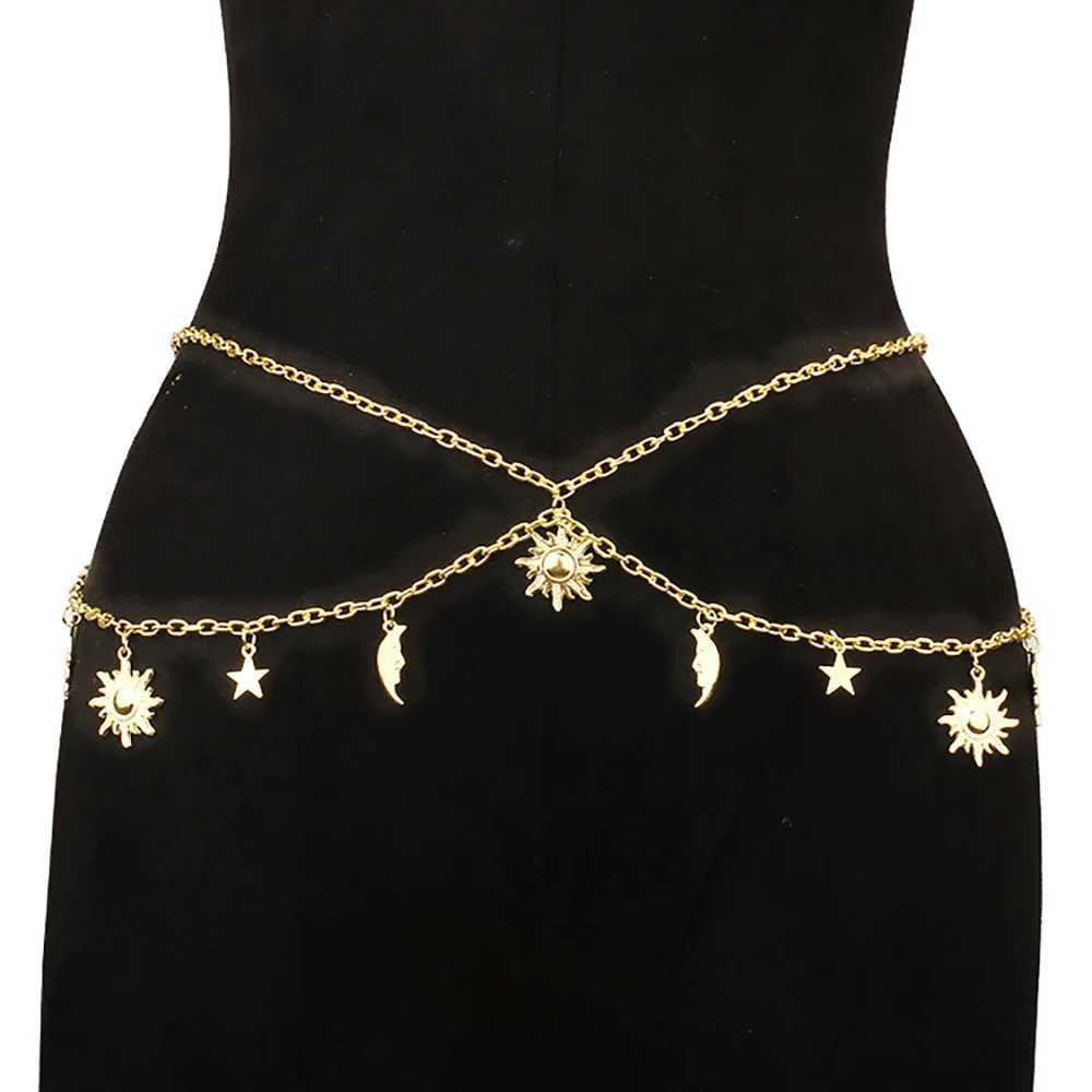 Personalized double-layer retro style Sun Moon Star Tassel alloy waist chain womens body chain jewelry X250410
