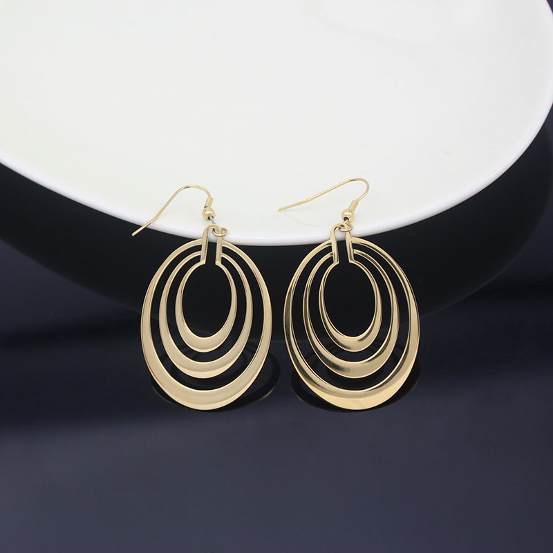 3 Layer Hollow Oval Shaped Big Gold-color Stainless Steel Dangle Drop Earrings For Women Free Shipping