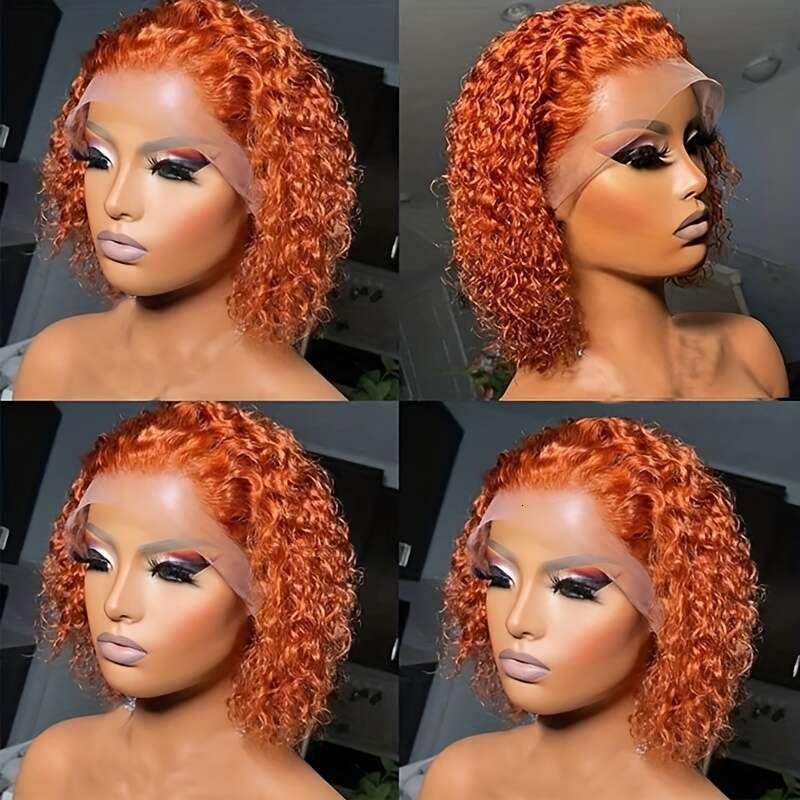 Curly 13X4 Hd Wigs Human Ginger Orange Colored 200 Ensity Deep Wave Bob Lace Front Wig Pre Plucked With Baby Hair