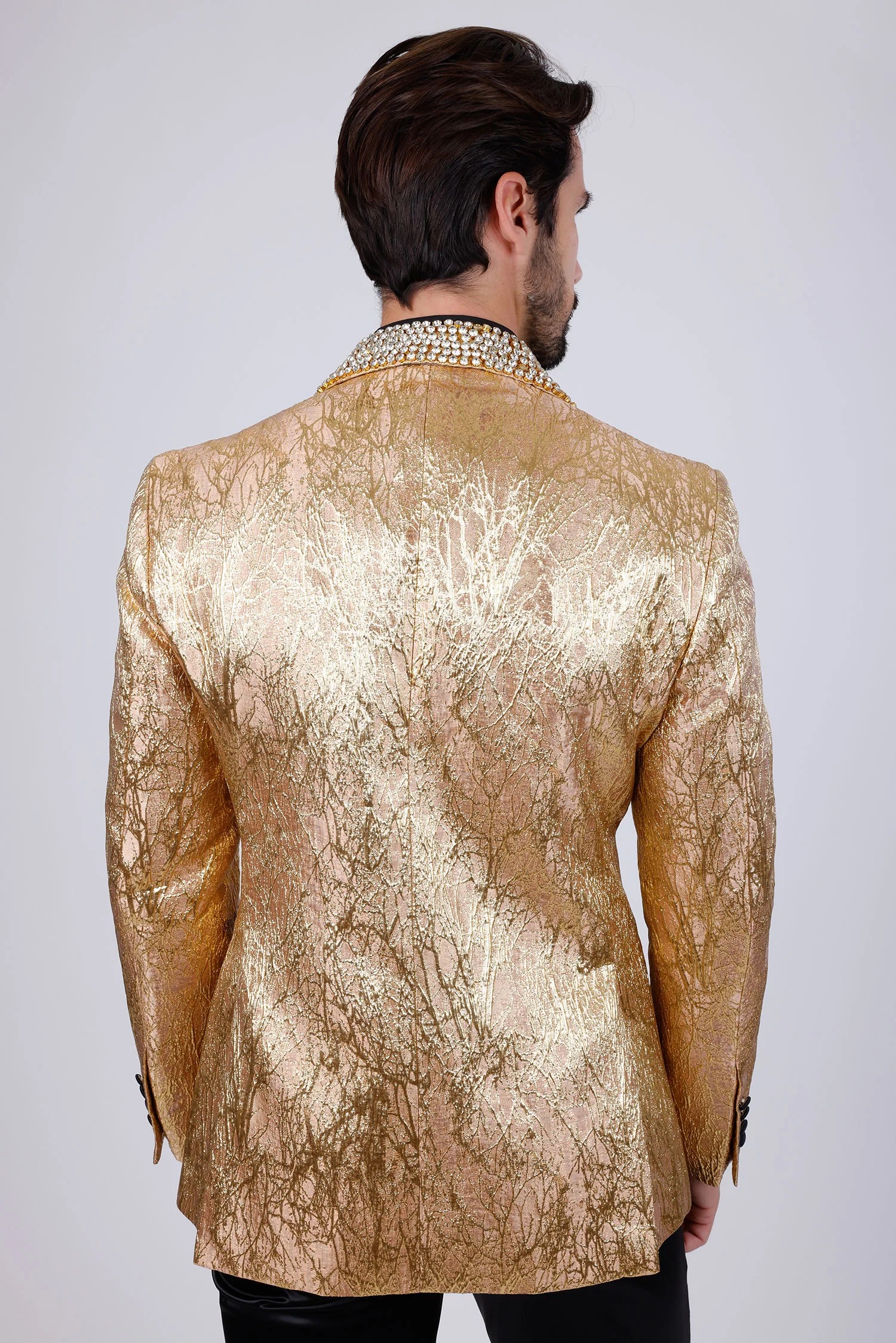 Unique Men's Jacket Rhinestone Blazer Two Pieces Set Peaked Lapel One Button Beading Shiny Coat Flat Customized Jacket+Black Pants Plus Size