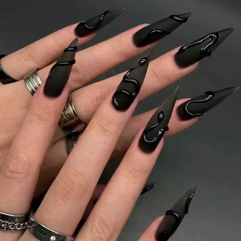 24Pc fake nails with adhesive almond black red gradient design detachable rhinestone acrylic fake nails long and fine lines pressed nails W250410