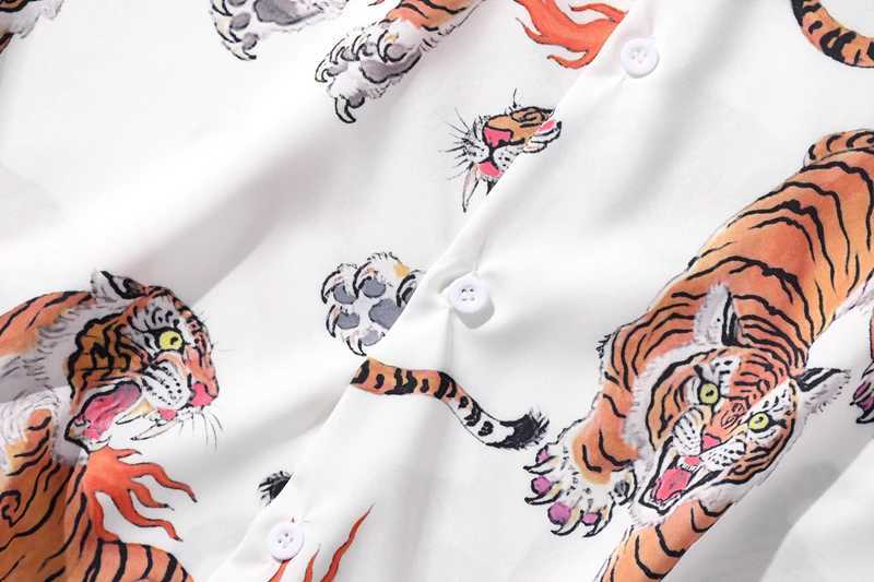 Black tiger full print retro street mens shirt button down collar holiday beach H X250410