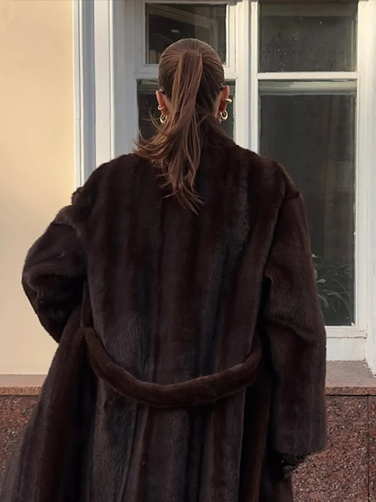 Women Casual Brown Faux Fur Coat Turtleneck Full Sleeve Fluffy Loose Striped Long Coats Lady Winter Daily Street Lace Up Jacket 251110