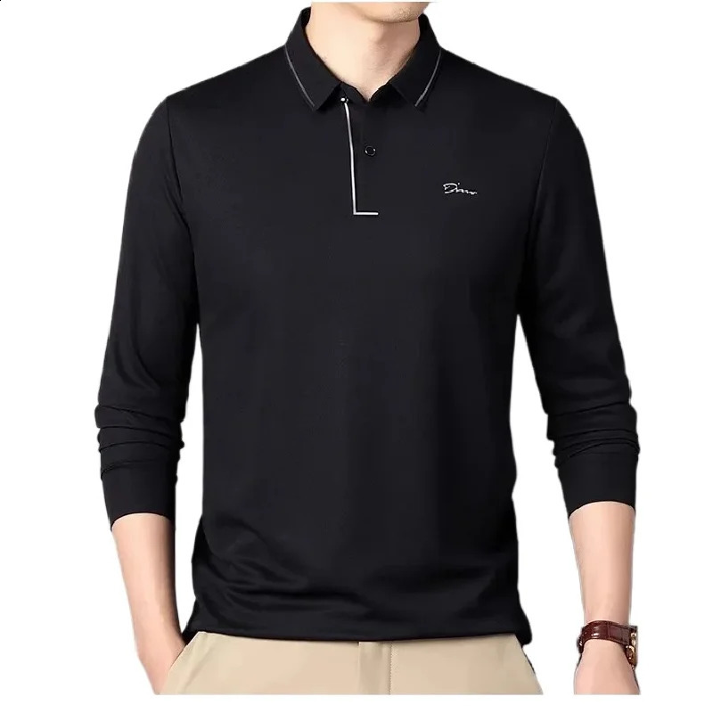 Embroidered mens long sleeved ice silk cotton selling polo shirt autumn business casual breathable mens polo shirt 250407