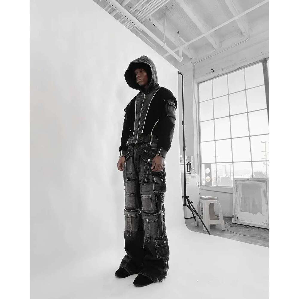 Gothic Haruku Y2k Multi-Pocket Washed Black Jeans Men Fall Loose Drag Street Hip Hop Rap 90S Spice Girls Wide Leg Pants