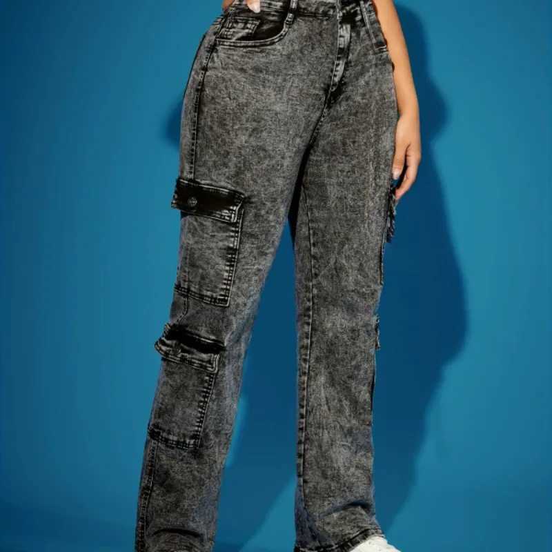 Womens Cargo Jeans High Stretch Multi Pocket Techwear Utility Washed Denim Vintage Streetwear Baggy Casual Pants Autumn Spring C251110
