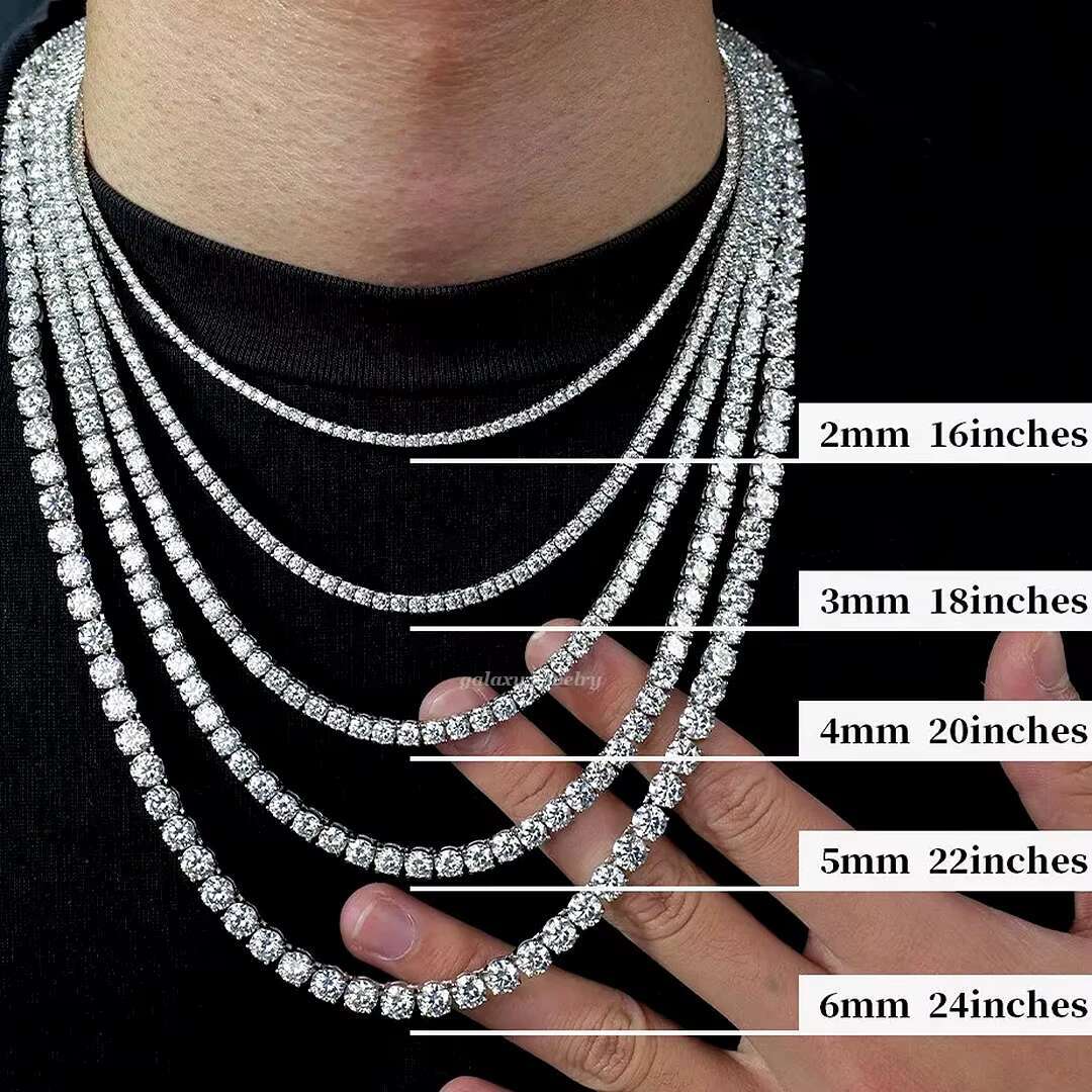 Real Pass Diamond Tester Black Moissanite Diamond Men Tennis Chain 1 Row Iced Out 3-5mm Gold Plated 925 Silver Bracelet Necklace