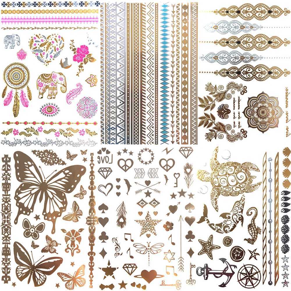 Fashionable and sexy gold metal feather temporary tattoo sticker left on girls wrist flashing fake tattoo female leg bracelet summer tattoo W250410