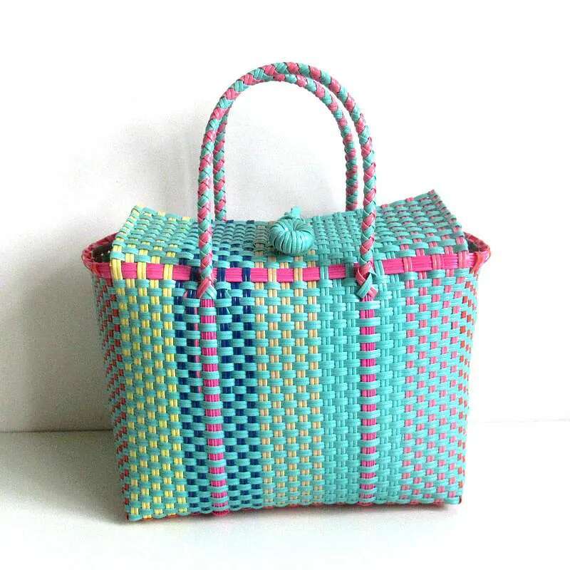 Women Large Weave Beach Woven Bucket Bag Casual Tote Handbags Shopping Popular Plastic Braided Holiday Basket