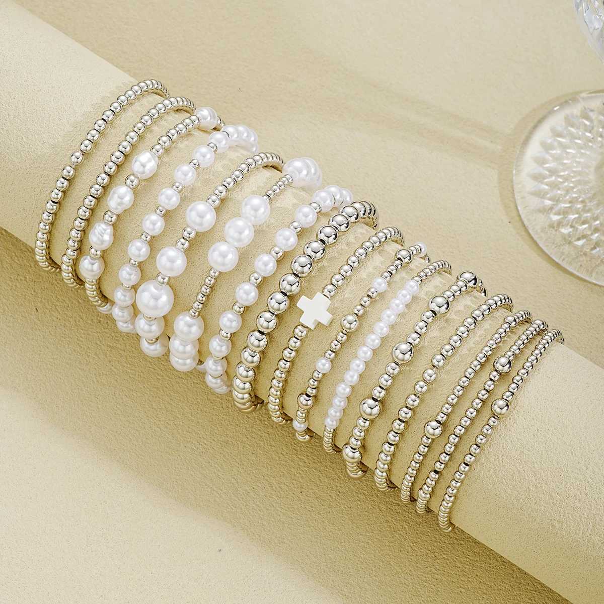 16Pcs/Set Vintage Silver Color Beaded Bracelet Sets For Women Elegant Imitation Pearl CCB Cross Bracelets Female HipHop JewelryT251110