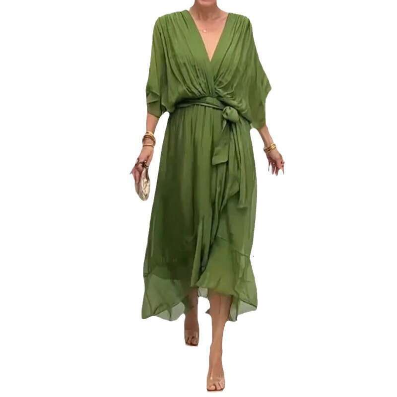 2025 New European and American Women's Fashion Cross-Border Amazon Solid Color Tie Long Batwing Sleeve Irregular Dress Plus Size