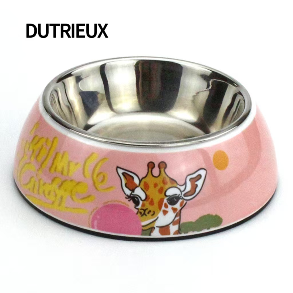 H1378 Wholesale pet tableware, stainless steel double bowls, non-slip food bowls, cartoon printed dog and cat bowls, logo customization available.