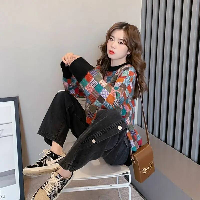Vintage plaid for women 2023 o neck autumn and winter loose long sleeve plush knitwear sweater pullover female tops dongdumaoyi
