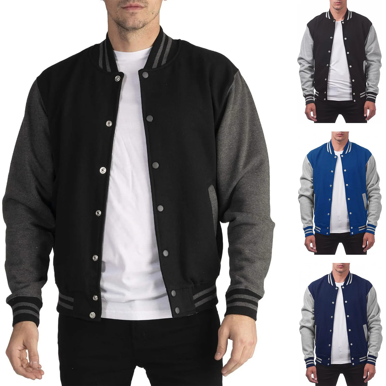 Black white solid color loose oversized casual mens baseball shirt personalized street jacket warm wool sweater 250401