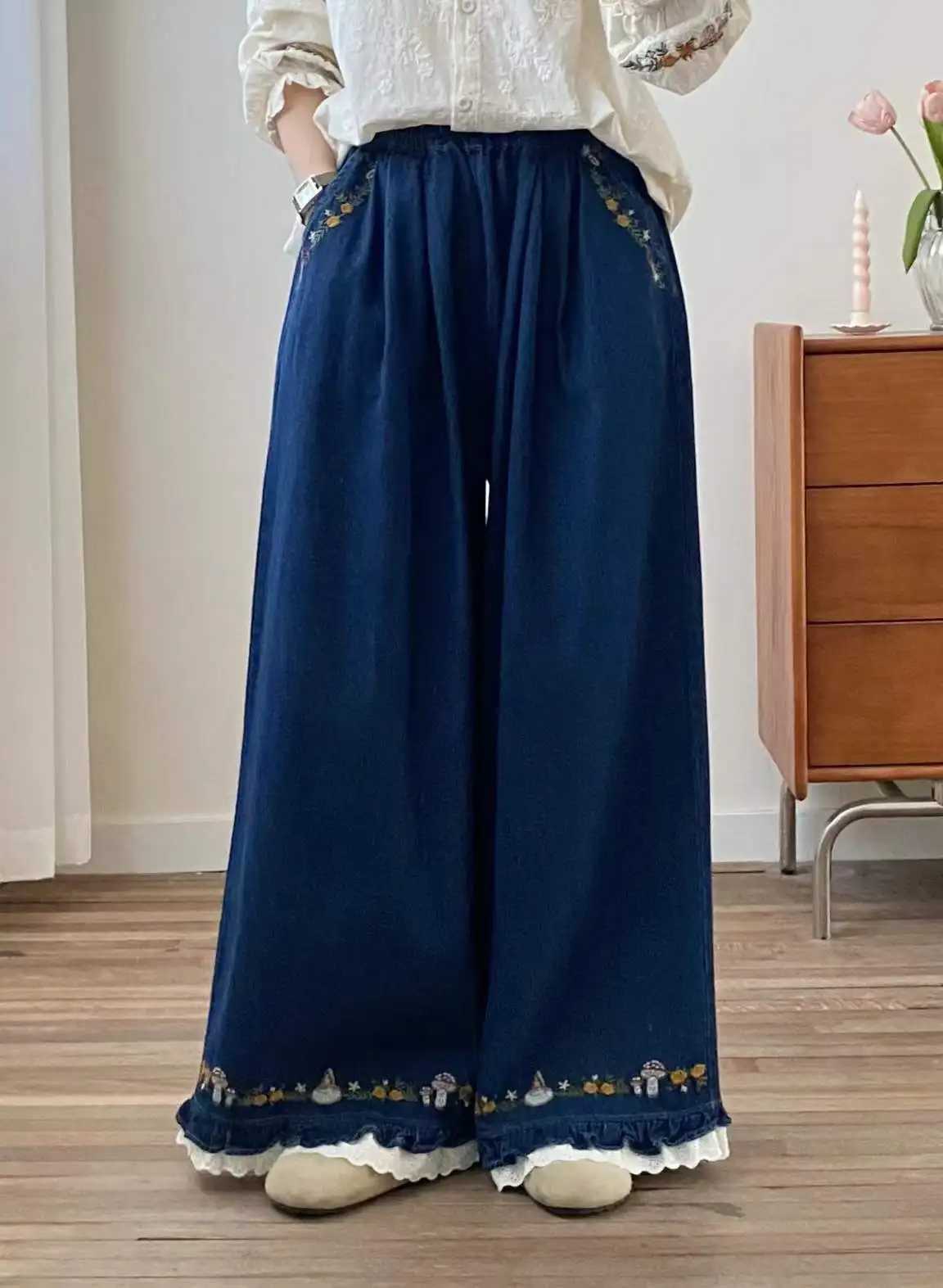 New 2025 Fall Cotton Denim Trousers Women Elastic Waist Embroidery Ruffles Mori Girl French Retro Chic Wide Leg Jeans B59422CC C251110