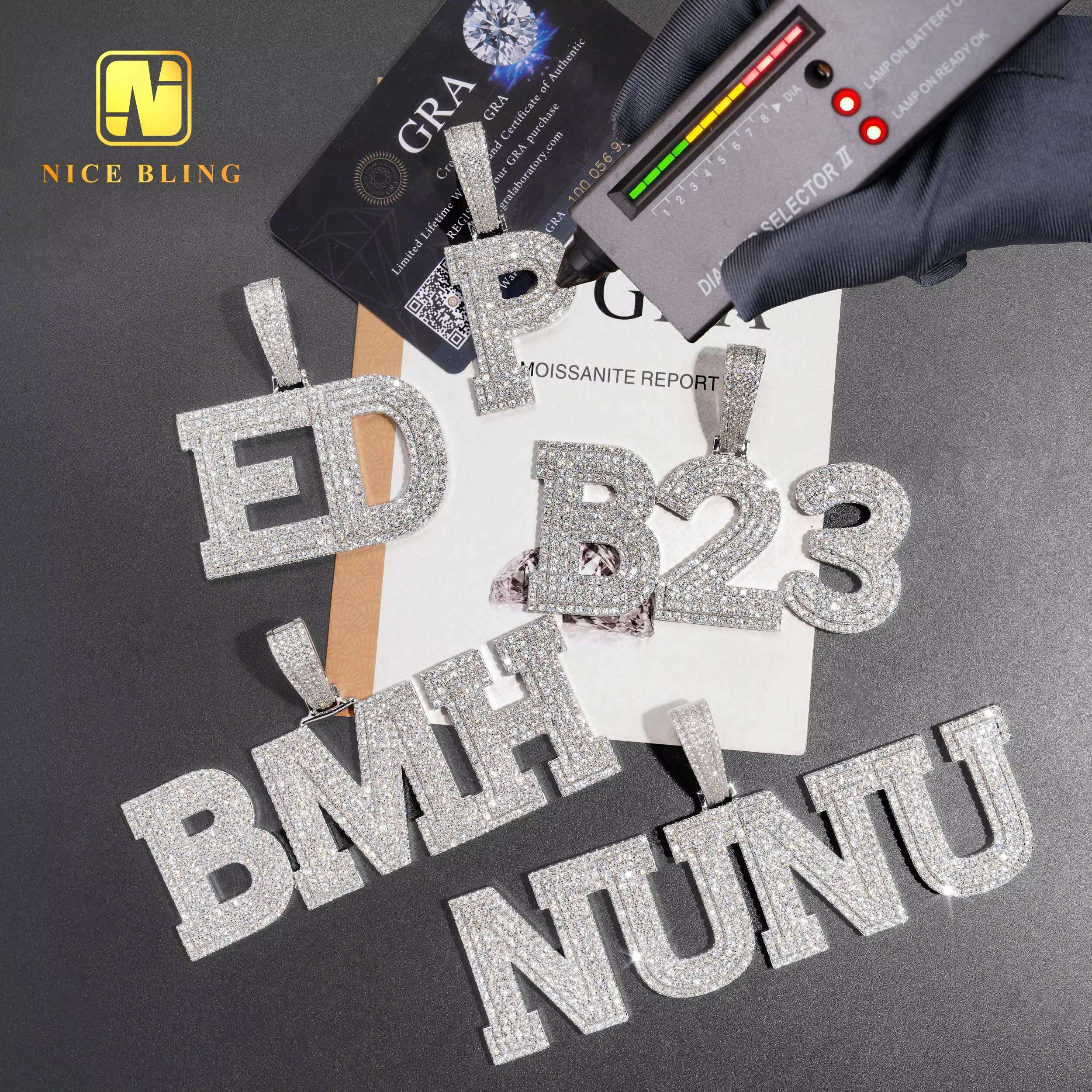 Iced Out Jewelry Custom Hiphop Letter Pendants A-Z Letters 0-9 Number Pendants Moissanite Initial Pendant 925 Silver Jewelry