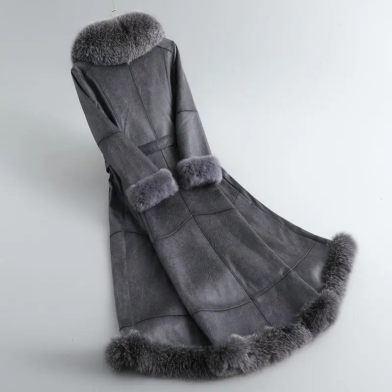 Winter Rabbit Fur Integrated Womens Coat Long Genuine Leather Fox Collar Slim Fit 251110