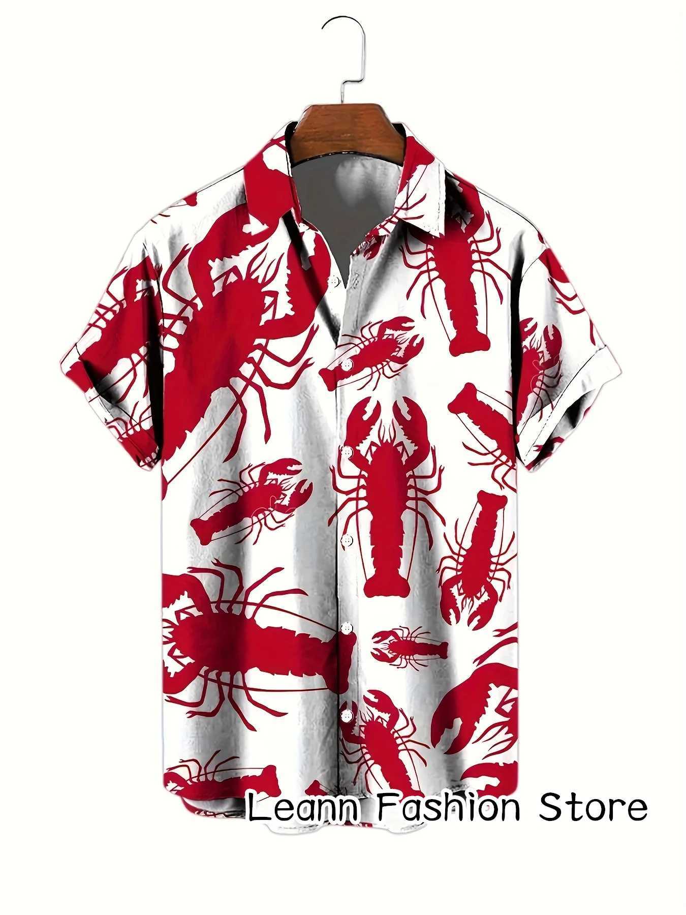 Mens summer fashionable beach shirt crab lobster print casual and casual Hawaiian vacation short sleeved clothing X250410