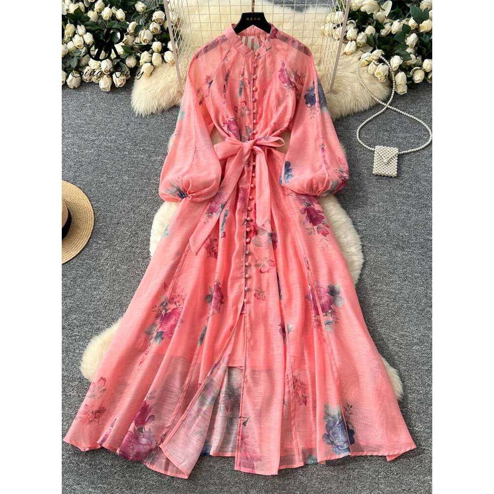 SINGREINY French Style Court Floral Maxi Lantern Sleeve Belt Slim High Quality 2025 Autumn Fashion Luxury Party Dresses