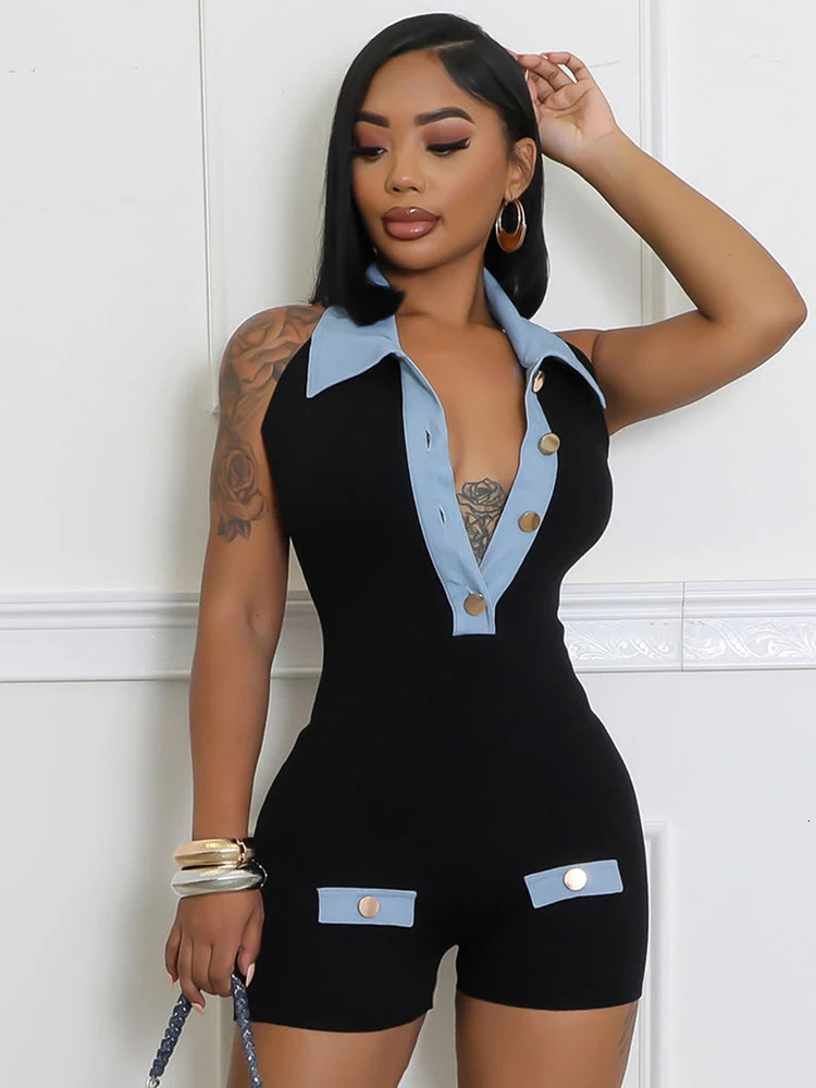 Strange Cat Cowboy Splicing Work Pants Womens Strap Button Polo Neck Sleeveless Vacation Fashion Trend Tight Game Set 250410