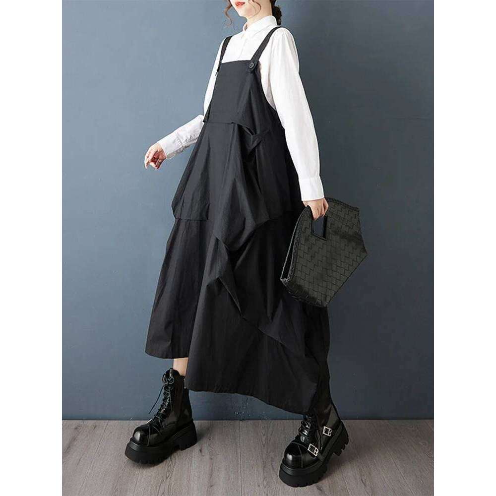 2025 Spring Autumn New Black Vintage Straps Dresses For Women Sleeveless Pleated Loose Casual Dress Robe Elegant Fashion Clothes