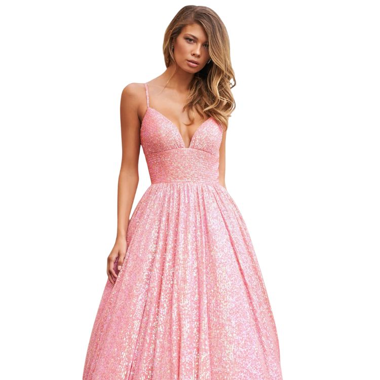 Women's Glamorous Sequin Evening Gown, Open Back Lace-Up Tiered Prom Dress--D322