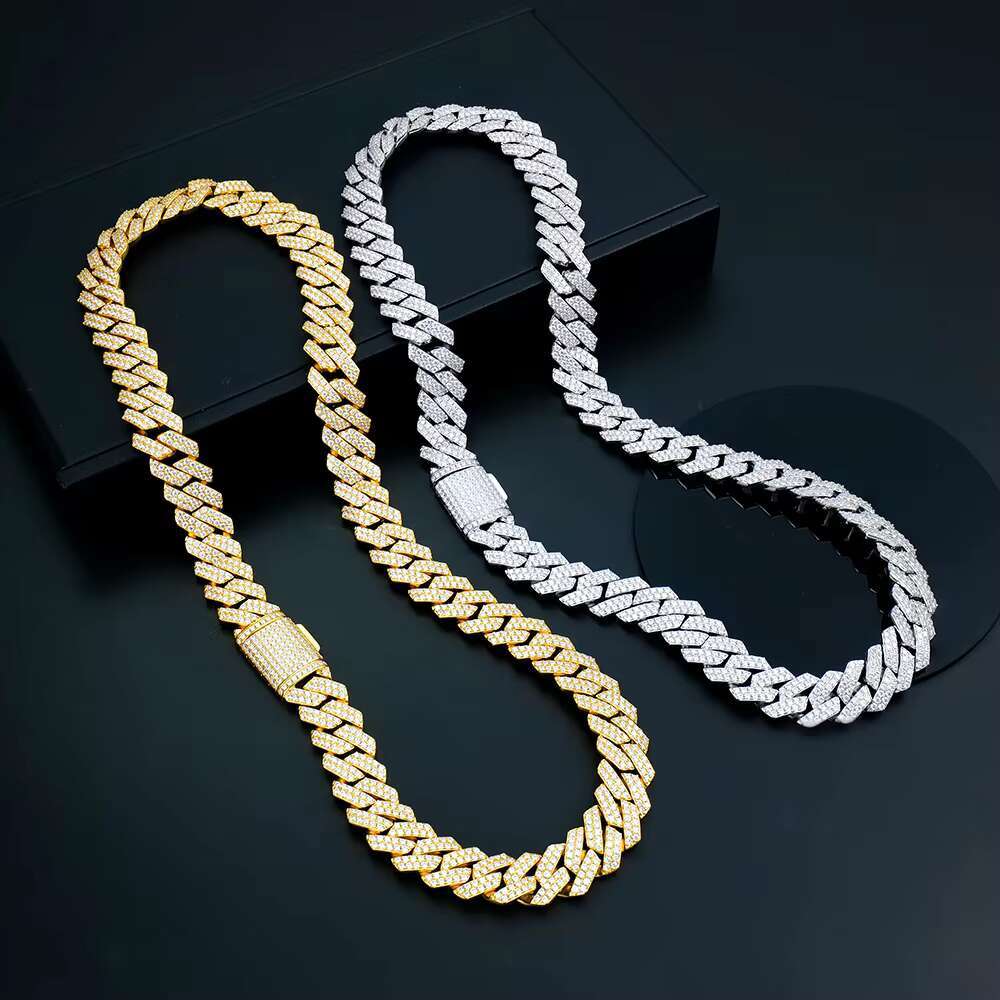 Moissanite Cuban necklace with pointed corners, 14mm width sier, tested D VVS chilled gold-plated hip-hop accessory