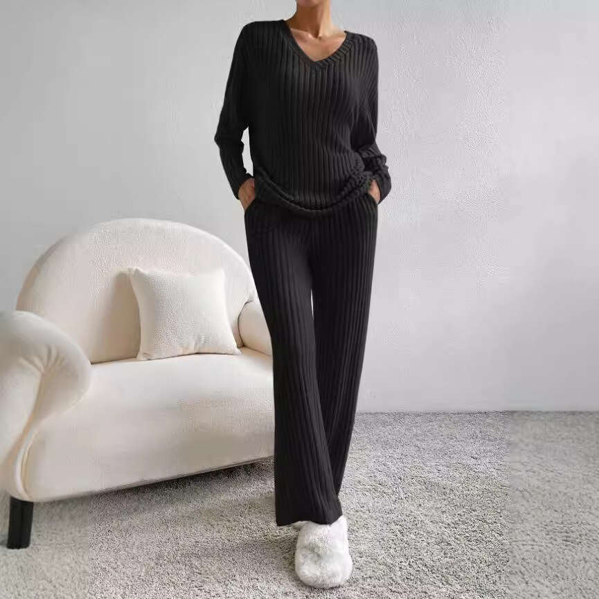 Cross-Border Two-Piece for Women 2023 Autumn New Fashion Casual Straight-Leg Pants Elegant Loose V-Neck Ribbed Knit Set