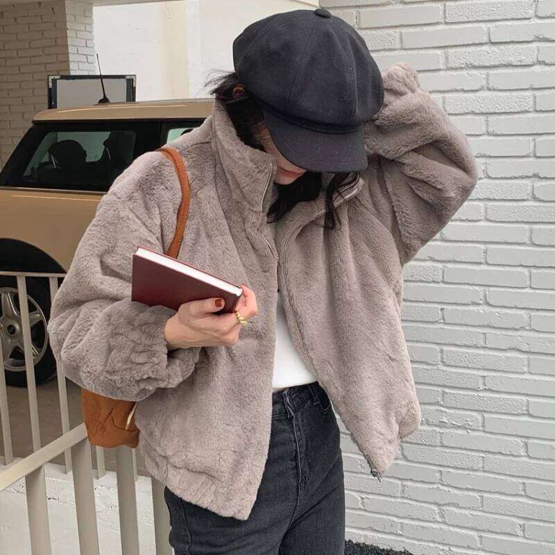 Women Autumn Winter Thicken Warm Coat Stand-Collar Loose Fur Plush Zipper Jacket Soft Comfortable Casual Simple Solid Outerwear